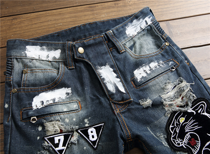 Men's Black Punk Rock Distressed Jeans - Detail