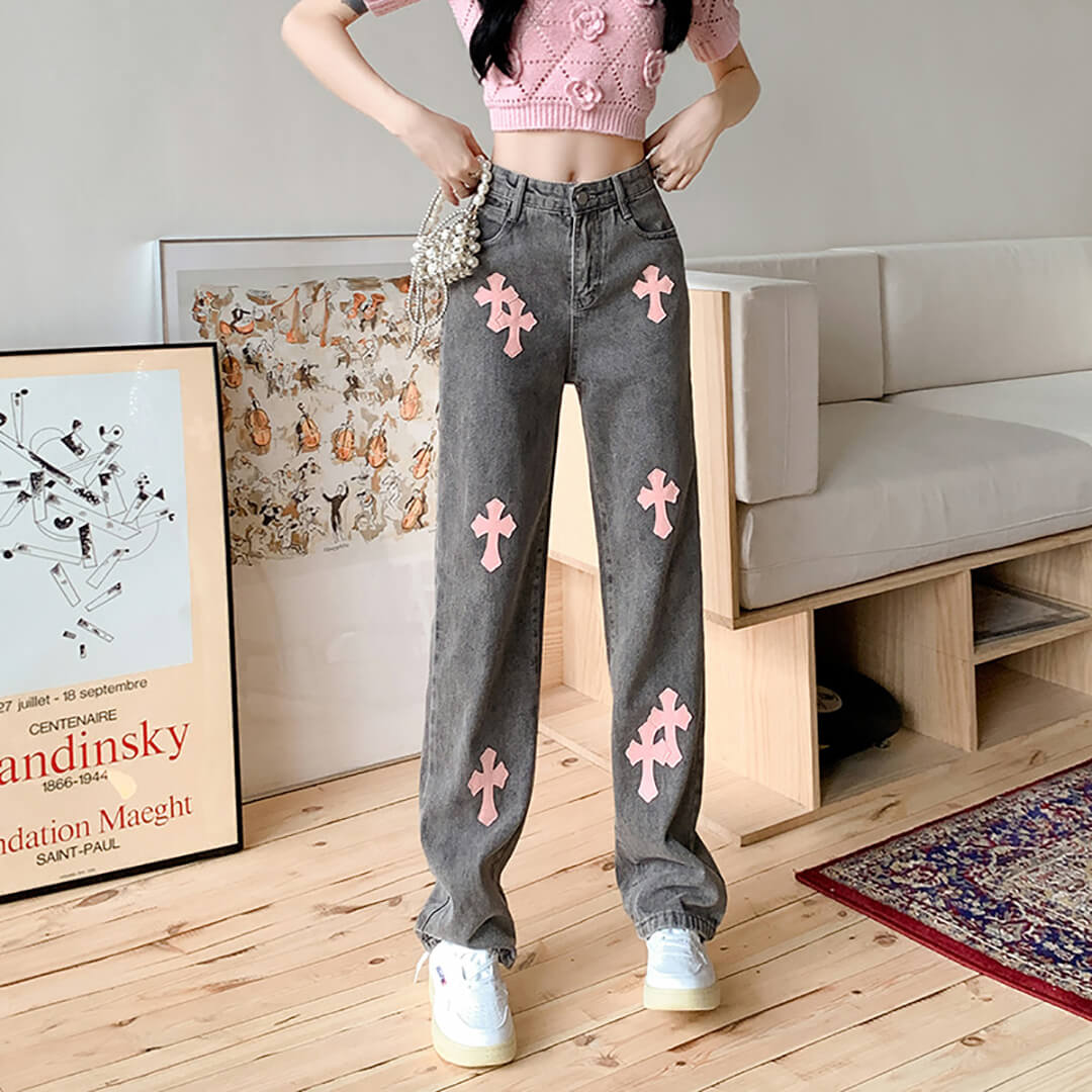 Women's Cute Jeans With Pink And Red Cross Patches - RippedJeans